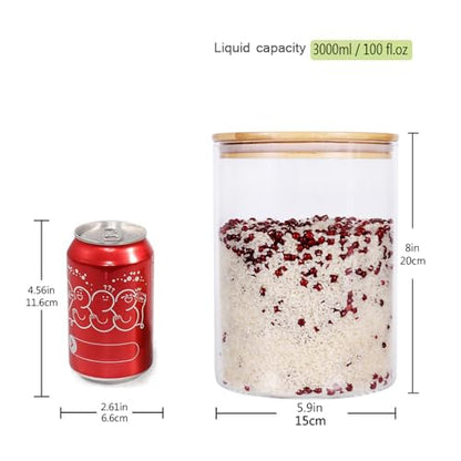 Set of 2 Large Glass Food Storage jar, 100 FL OZ (3000ml) Glass Flour Canister with Airtight Bamboo Lids for Kitchen Corner, BPA-Free Flour Container for Sugar, Ground Coffee, Rice and Dry Food