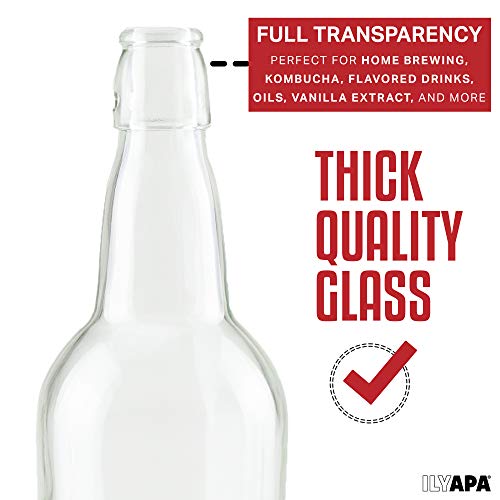 Ilyapa 16 Ounce Clear Swing Top Glass Beer Bottles for Home Brewing - Carbonated Drinks, Kombucha, Kefir, Soda, Juice, Fermentation, 12 Pack Glass Bottle with Airtight Rubber Seal Flip Caps - color: Clear, size: 16oz