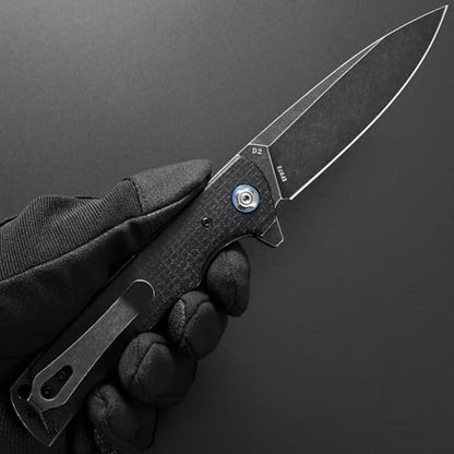 Eafengrow EF973 Folding Knife, D2 Steel Blade Micarta Handle Scale Pocket Knife Folder for Working Camping Hiking EDC Tool Knife(black) - color: black