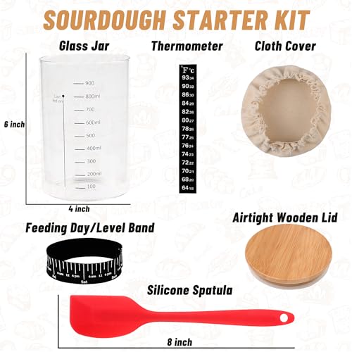 Xileanalee Pro Sourdough Starter Jar Kit- 35 Oz Large Sourdough Starter Glass Jar with Date Marked Feeding Band,Thermometer,Spatula,Cloth Cover& Lid for Sour Dough Bread Loaf - size: 1 Pcs