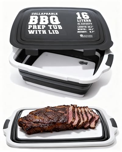 KITCHEN PERFECTION Collapsible XL Smoker & BBQ Prep Tub with Locking Lid & Cutting Board - Grill Caddy Container for Meat Marinating & Brine Perfect For Brisket, Turkey & Ribs - Best Gift For Men - color: Black