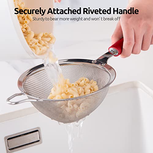 18/8 Stainless Steel Mesh Strainer: U-Taste 5.5 Inch Kitchen Fine Mesh Sieve Food Colander with Riveted Sturdy Silicone Handle and 30 Mesh Hole for Straining Flour, Pasta, Fruit, Quinoa (Red) - color: (4) Red, size: Medium (5.5 x 13 in)