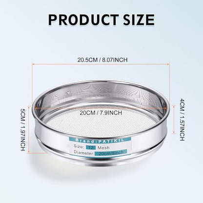 PATIKIL 12 Mesh(1.6mm) Lab Sieve, 7.9"(20cm) Diameter Sifting Screen 304 Stainless Steel Wire Cloth Fine Mesh Sieve for Industrial Laboratory Home Soil Sifter Dry Sift Screens Hash - size: 12 Mesh(1.6mm)/7.9"