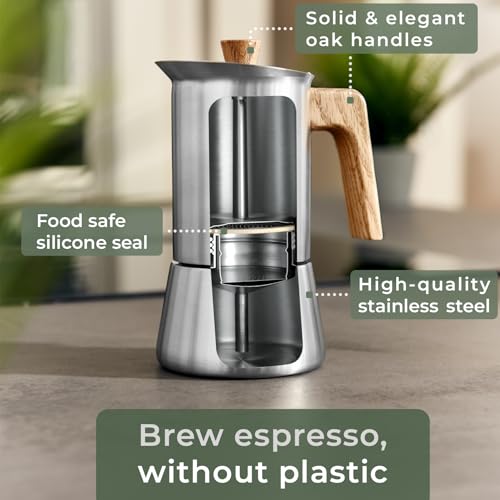WALDWERK Stainless Steel Moka Pot (10oz) - Toxic Free Moka Pot with Oak Wood Handle - Stovetop Espresso Maker - Italian Coffee Maker for Stovetop and Induction