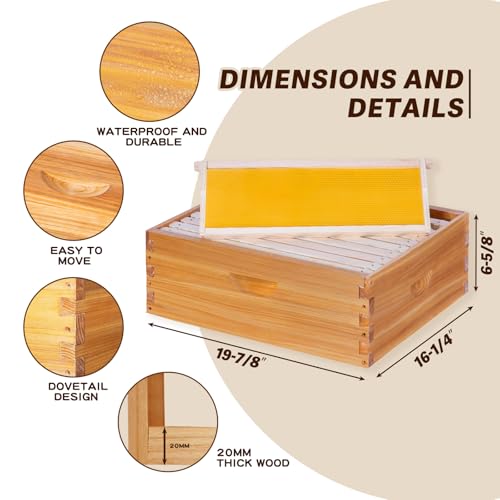 10-Frame Langstroth Bee Hive Complete Bee Hive Kit Beeswax Coated Include Beehive Frames and Waxed Foundation Sheets for Beekeeper (2 Deep Beehives Box & 1 Medium Box)