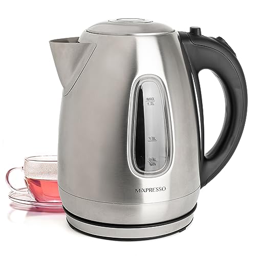 Mixpresso 1.7 Liter Stainless Steel Electric Kettle | Large, portable hot water tea kettle, fast boiling pot, boil-dry protection, auto shut-off, blue Illuminate LED light - color: Stainless Steel 1.7L