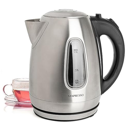 Mixpresso 1.7 Liter Stainless Steel Electric Kettle | Large, portable hot water tea kettle, fast boiling pot, boil-dry protection, auto shut-off, blue Illuminate LED light - color: Stainless Steel 1.7L