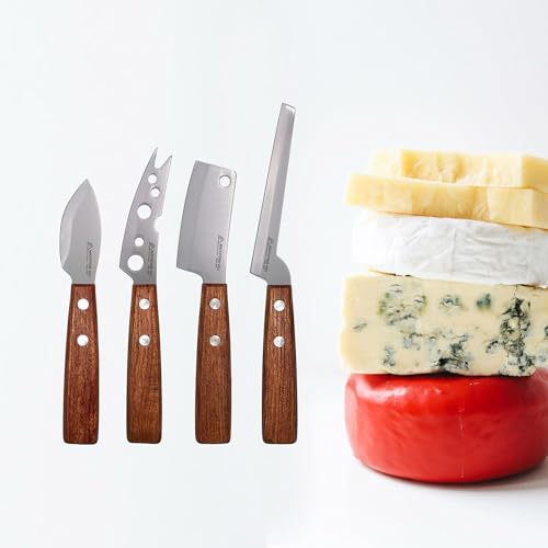 Cheese Knife, MATTSTONE HILL Cheese Knives Set - Soft & Semi Hard Cheese Knife, Soft Cheese Slicer, Cheese Cleaver, Hard Cheese Cutter, Premium Stainless Steel, Wood Handle - size: 4PCS Cheese Knife Set