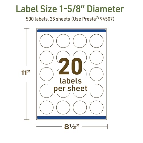 Avery Dissolvable Round Labels, Sure Feed Technology, 1-5/8" Diameter, Matte White, Print-to-The-Edge, Laser/Inkjet Printable, 500 Labels Total - style: 500 labels