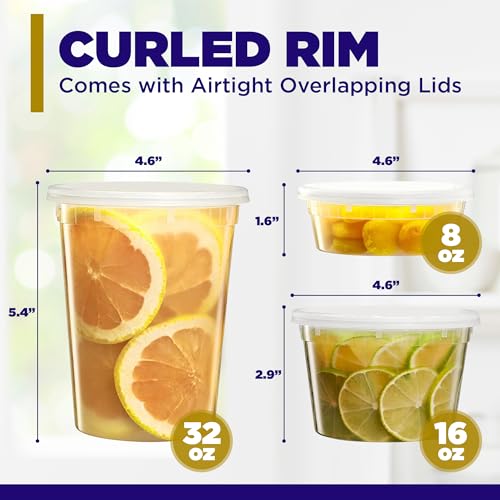 Supreme Deli Plastic Storage Containers with Lids 8oz, 16oz, 32oz [8 sets of each - 24 combo pack] Reusable Food Containers - Microwavable & Freezer friendly - Dishwasher safe - Secure fitting Covers
