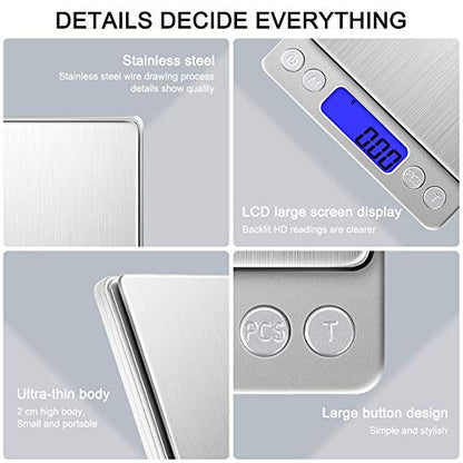 Digital Kitchen Scale with 2 Trays, Diyife 500g/0.01g High Precision Cooking Food Scale, Mini Gram Scale with LCD Display, 6 Units, Auto Off, Tare Function, Girls Gift (Batteries Included) - color: Silver