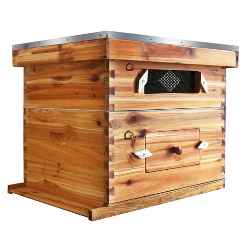 10 Frame Bee Box, Wax Coated Bee Hives with Beehives Frames and Wax Foundations, Langstroth Honey Super for Beekeeping Supplement (Unassembled) - style: with Window 1 deep box+1 medium box
