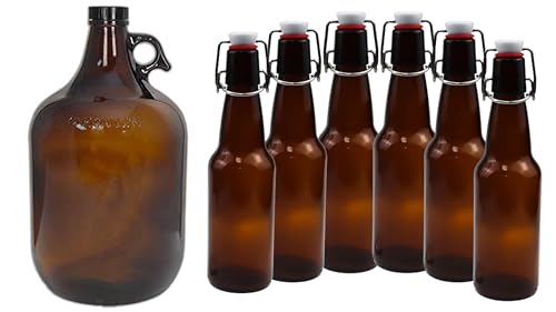1 Gallon (128 oz) Amber Glass Jug With 38mm Cap with Pack of 6 Amber 16-20oz Growlers with Flip Top Airtight Silicone Seal For Beverages, Oil, Vinegar, Kombucha, Beer, Water, Soda, Kefir - color: 1 Amber Jug & 6 Amber Growlers