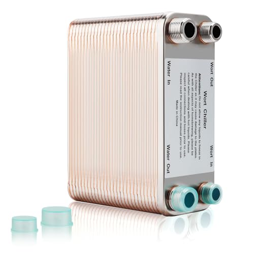 MRbrew Wort Chiller 60 Plates, Brazed Plate Copper Heat Exchanger for Homebrew, Stainless Steel 7.5" x 2.9" Plate,1/2 &3/4 NPT Thread Connection Hot Liquid Accelerated Cooler Quick Beer Cooling System