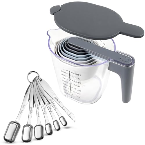 17-Pc Stainless Steel Measuring Cups and Spoons Set, Stackable | 1 lid, 1 funnel, 1 scraper, 14 cups and spoons, BPA-free, dishwasher safe, for liquid and dry baking gadgets - color: 17 Piece