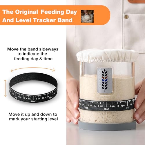 Premium Pro Sourdough Starter Jar Kit - 40oz Large Wide Mouth Sourdough Bread Jar with Marked Feeding Band, Thermometer, Scraper, Cloth Cover and Silicone Lid/Base, Glass Container, Baking Supplies