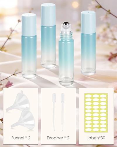 Worldgsb 25 Pack Essential Oil Roller Bottles, 10ml Refillable Glass Roller Bottles with Stainless Steel Roller Balls and Caps for Travel, Perfume and Lip Gloss Blue Gradient - color: Blue-Gradient, style: 25 Pack