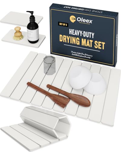 Oleex 3-Pack Stone Dish Drying Mat Set Includes 1 Large 24”x16” & 2 Small 4”x9” for Kitchen Counter-Collapsible Diatomaceous Earth Pad Absorbs Water & Dries Dishes Fast, Non-slip, Odor-Resistant Mats - color: White