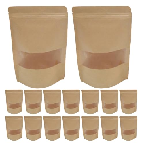 Standable Food Storage Pouches 50pcs Kraft Paper Resealable Bags with Transparent Window Made of Food Safe Kraft Paper, Reusable and Suitable for Kitchen Use with Cheese and Craft