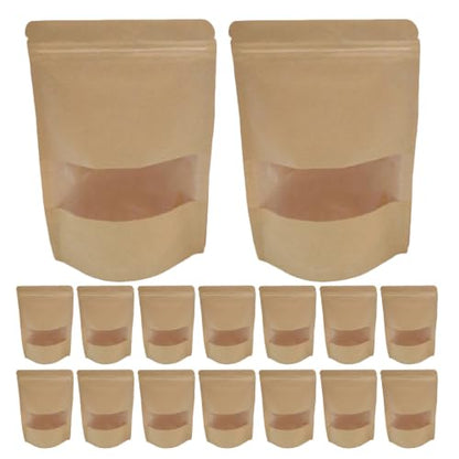 Standable Food Storage Pouches 50pcs Kraft Paper Resealable Bags with Transparent Window Made of Food Safe Kraft Paper, Reusable and Suitable for Kitchen Use with Cheese and Craft