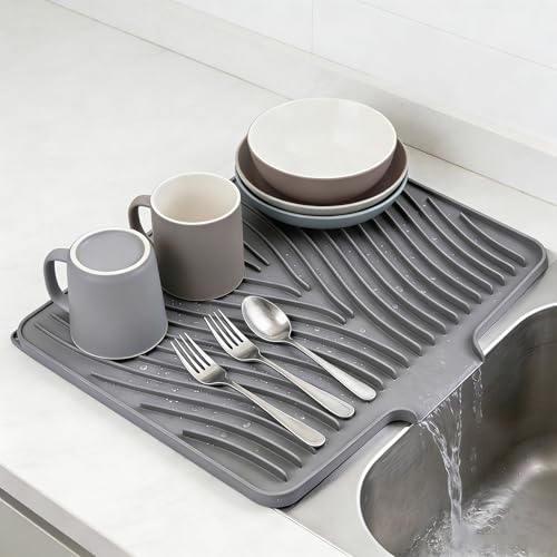 Silicone Dish Drying Mat 16x13,Food-Grade Silicone,Easy Clean Pad for Countertop Protection,Heat Resistant,Easy Clean,Non-Slip Drain Pad with Built-in Drain,Multi-Functional Use,Grey - color: Gray, size: 16" x 13"