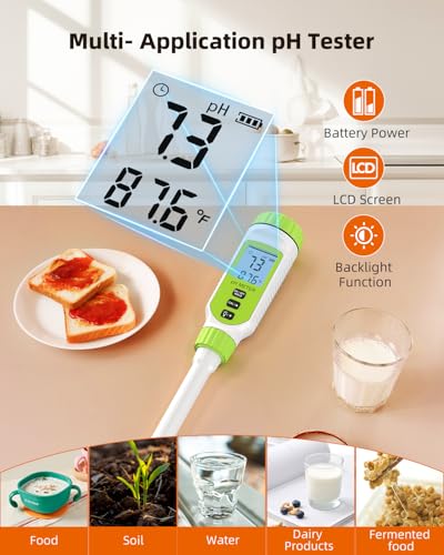 Tadeto Multifunctional Digital pH Meter for Food, High Precision Garden Soil pH Test Kit with LCD ℃/℉ Display for Plant/Solution, Water and Food pH Tester for Meat, Bread, Cheese,Water, Pool