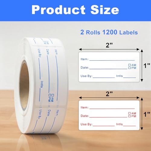1200 Pieces Removable Food Labels Stickers, 2 Rolls 1x2 Inch Freezer Labels for Food Containers, No-Residue, Easy Clean, Waterproof & Oil-Resistant Food Storage Labels for Kitchen Restaurants