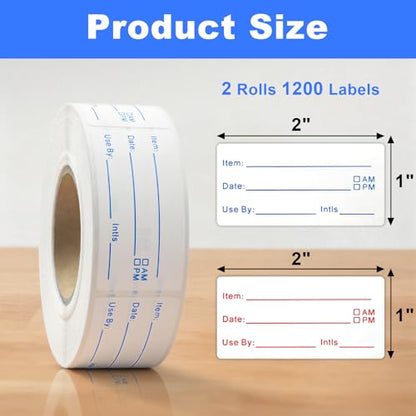 1200 Pieces Removable Food Labels Stickers, 2 Rolls 1x2 Inch Freezer Labels for Food Containers, No-Residue, Easy Clean, Waterproof & Oil-Resistant Food Storage Labels for Kitchen Restaurants