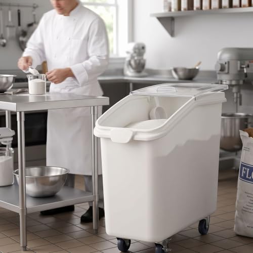 TrueCraftware- 27 Gallon Shelf Ingredient Bin (430 Cups) White with Clear Sliding Lid Casters & Measuring Scoop- Plastic Kitchen Pantry Storage Bin for Dry Food Flour Sugar Kitchen Restaurant - size: 27 Gallon