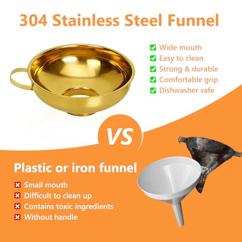 Canning Funnel, Stainless Steel Funnels for Kitchen Use, Wide-Mouth Funnel for Canning & Mason Jars, 2-Pack(Small and Large). Gold