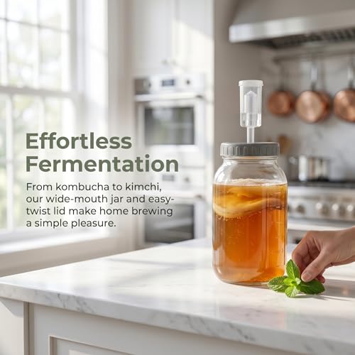 Fermentation Jar, 64oz/0.5gallon Wide Mouth Mason Jar with Air Lock Lid for Culturing Yogurt, Olives, Garlic, Wood Tag Ribbon Gifted