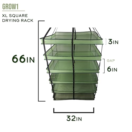 Grow1 XL Square Drying Rack 6-Layer 32x32in Collapsible Mesh Herb and Flower Hanging Dryer with Carrying Case and Center Support Strap - size: X-Large