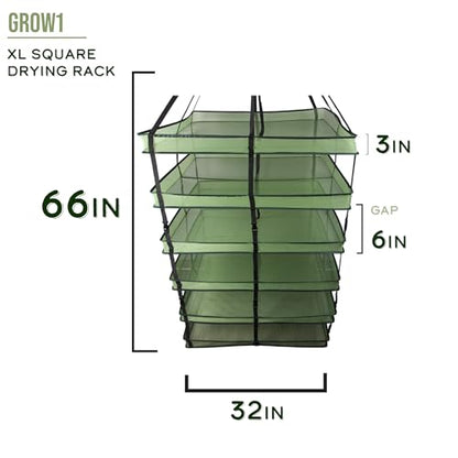 Grow1 XL Square Drying Rack 6-Layer 32x32in Collapsible Mesh Herb and Flower Hanging Dryer with Carrying Case and Center Support Strap - size: X-Large