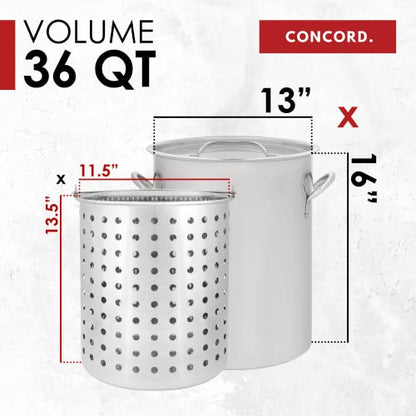 CONCORD 36 QT Stainless Steel Stock Pot w/Basket. Heavy Kettle. Cookware for Boiling (36) - size: 36 Quarts
