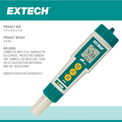 Extech PH100 Waterproof ExStik II pH Meter Kit with Flat Surface Electrode and Temperature Display | pH 0.00-14.00, waterproof, ATC, flat-surface electrode, temperature display, auto power off, sample cup - style: pH