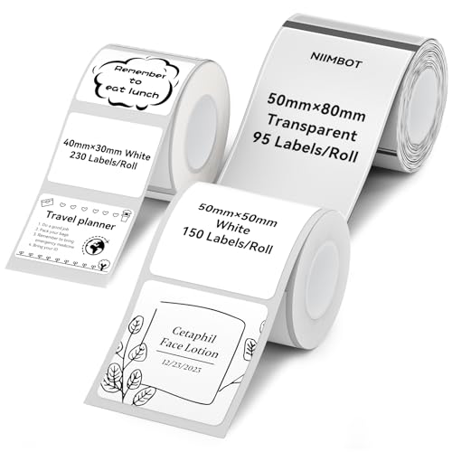 NIIMBOT Thermal Label Tape 3 Rolls, Compatible with B1 B21 B31 Label Maker | Multi-Size Pack, 40x30mm White, 50x80mm Clear, 50x50mm White | for Address, Jar, Gift, Logo & File Organization Stickers - color: 40x30mm/50x80mm/50x50mm-mix B