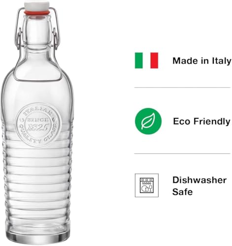 Bormioli Rocco Officina Water Bottle | 37.25 oz, Italian Glass Pitcher | Airtight Seal & Metal Clamp | Easy To Carry Handle, Dishwasher Safe & Eco-Friendly | Safe For Infused & Carbonated Drinks - size: 37.3 Ounces