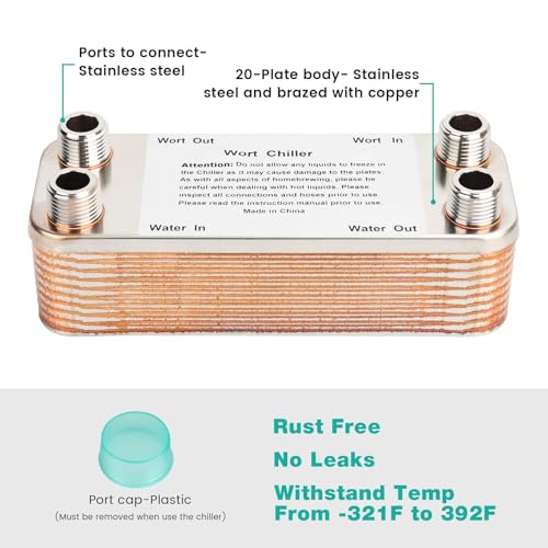 MRbrew Wort Chiller 20 Plates, Brazed Plate Copper Heat Exchanger for Homebrew, Stainless Steel 7.5" x 2.9" Plate, 1/2 NPT Thread Connection Hot Liquid Accelerated Cooler Quick Beer Cooling System - size: 20-plates