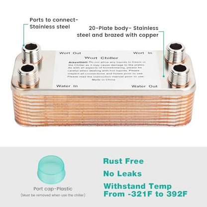 MRbrew Wort Chiller 20 Plates, Brazed Plate Copper Heat Exchanger for Homebrew, Stainless Steel 7.5" x 2.9" Plate, 1/2 NPT Thread Connection Hot Liquid Accelerated Cooler Quick Beer Cooling System - size: 20-plates