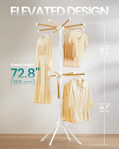 SONGMICS Clothes Drying Rack 2-Tier, with Bamboo Hanging Rods, Foldable Metal Laundry Rack, Space-Saving, Free-Standing Airer, Indoor Use, White and Natural ULLR517W01 - size: 2 Tier