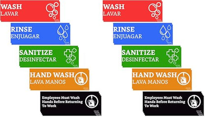 Wash Rinse Sanitize Sink Labels With Wash Hands Sign (12 Labels - 2 Sets, 7.3x2.5 in) - Ideal for Restaurants, Food Trucks, 3 Compartment Sink, Commercial Kitchens (Pack of 2) - size: 7.3 x 2.5 inches (Pack of 2)