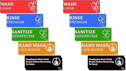 Wash Rinse Sanitize Sink Labels With Wash Hands Sign (12 Labels - 2 Sets, 7.3x2.5 in) - Ideal for Restaurants, Food Trucks, 3 Compartment Sink, Commercial Kitchens (Pack of 2) - size: 7.3 x 2.5 inches (Pack of 2)