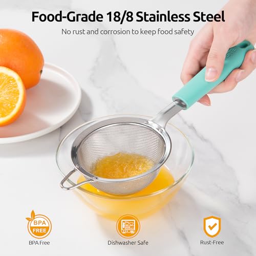 U-Taste Small Fine Mesh Strainer: 18/8 Stainless Steel 3.35in 30 Mesh Kitchen Food Sieve with Sturdy Riveted Silicone Handle, Heavy Duty Deep Handheld Metal Colander for Tea, Juice (Aqua Sky) - color: (1) Aqua Sky, size: S-3.35in