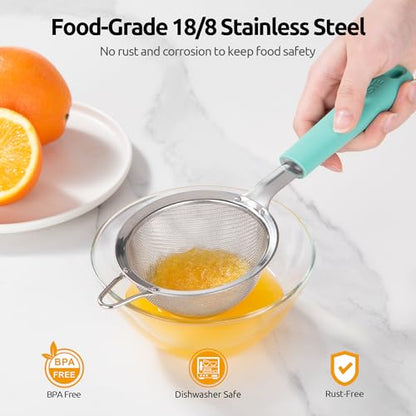 U-Taste Small Fine Mesh Strainer: 18/8 Stainless Steel 3.35in 30 Mesh Kitchen Food Sieve with Sturdy Riveted Silicone Handle, Heavy Duty Deep Handheld Metal Colander for Tea, Juice (Aqua Sky) - color: (1) Aqua Sky, size: S-3.35in