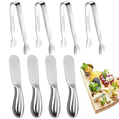 Butter Spreader Knife Set 8 PCS Stainless Steel Cheese Butter Spreader Knives and Mini Serving Tongs for Cheese Cold Butter Jam Appetizers Pastry Charcuterie Accessories Kitchen Utensils - color: Silver08