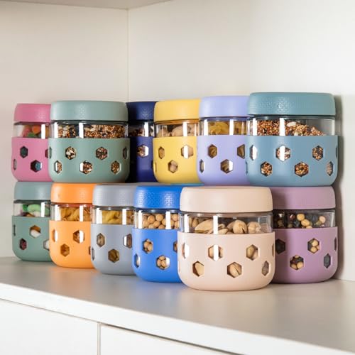Gemice 6-Pack 10oz Glass Mason Jars with Silicone Sleeves, Airtight BPA-Free Overnight Oats Containers with Lids, Dishwasher Safe Leak-Proof Meal Prep Jars for Chia Pudding, Yogurt, Snacks - color: Pastel Cream, size: 10oz, 6-Pack