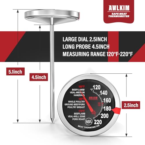 AWLKIM 2 Pack Analog Meat Thermometer Oven Safe Dial No Battery | Bimetallic Stem Dial, Leave-In Oven Safe, 2.5in Large Face, No Batteries for Roast Turkey Grill BBQ Cooking - color: 2 Pack Black