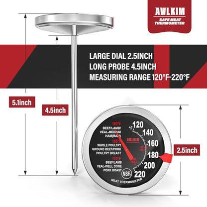 AWLKIM 2 Pack Analog Meat Thermometer Oven Safe Dial No Battery | Bimetallic Stem Dial, Leave-In Oven Safe, 2.5in Large Face, No Batteries for Roast Turkey Grill BBQ Cooking - color: 2 Pack Black