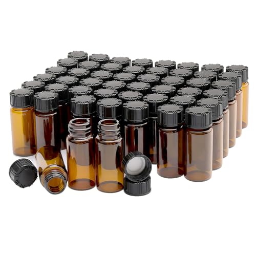 50 Pack 10ml Empty Amber Small Glass Vials with Screw Caps | 0.3oz Brown Small Bottles for Essential Oils, Perfume & DIY, Leak-proof Gasket, Lab Liquid Sampling Container - style: 10ML 50- Pack