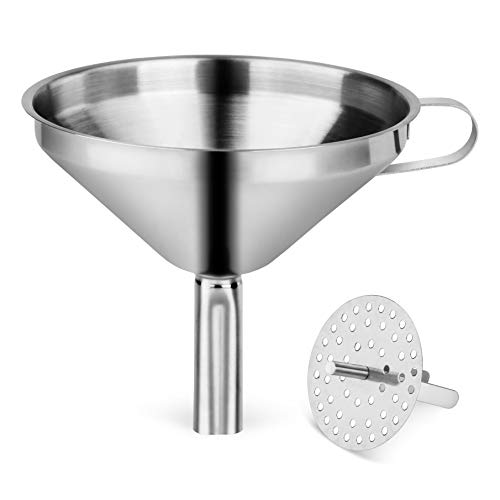 New Star Foodservice Stainless Steel Funnel with Detachable Strainer Filter, 5-Inch, Silver, Heavy-Duty Kitchen Funnel for Liquids, Oils, Sauces, Broths, and Canning
